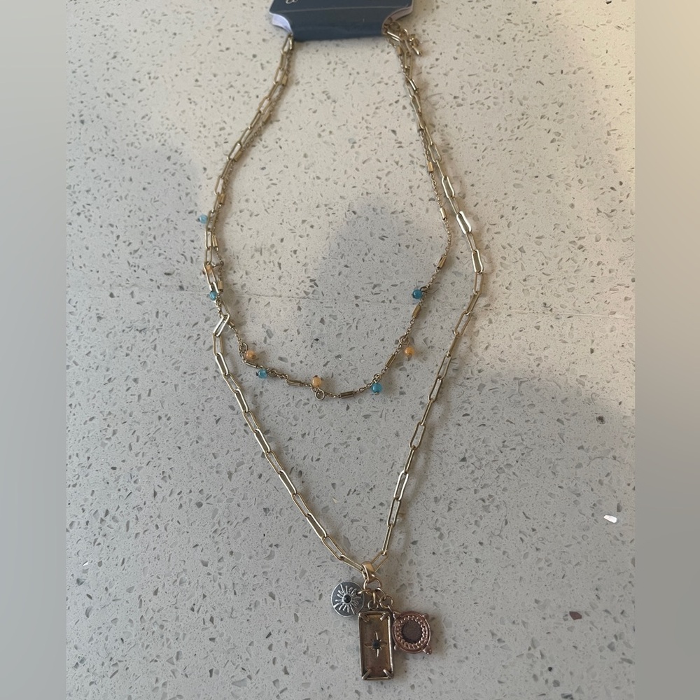 Boho Gold Layered Sun Charm Semiprecious Necklace